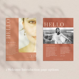 May include: Two welcome page options with a warm color palette. One features a woman's face, the other a black and white photo of a woman in a field. Both pages have the text "HELLO" and "I'M LUNA", along with additional text and social media icons.