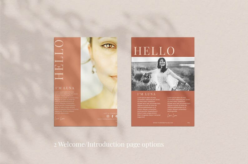 May include: Two welcome page options with a warm color palette. One features a woman's face, the other a black and white photo of a woman in a field. Both pages have the text "HELLO" and "I'M LUNA", along with additional text and social media icons.