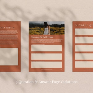 May include: Three journal pages with text and space for writing. The pages are in shades of brown and beige. The first page is titled "Your Daily Ritual". The second page is titled "Meaningful Reflection". The third page is titled "Mindful Questions".