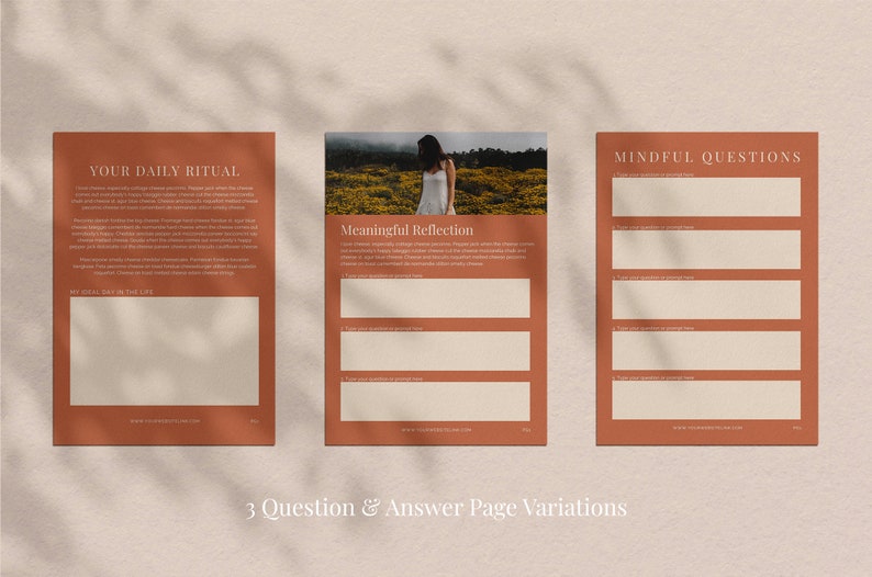 May include: Three journal pages with text and space for writing. The pages are in shades of brown and beige. The first page is titled "Your Daily Ritual". The second page is titled "Meaningful Reflection". The third page is titled "Mindful Questions".