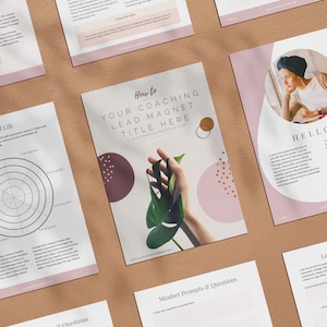 Puede incluir: Una guía imprimible rosa y blanca con el título "How to Your Coaching Lead Magnet Title Here". La guía incluye una rueda de la vida, preguntas, indicaciones de mentalidad y una sección para establecer objetivos.