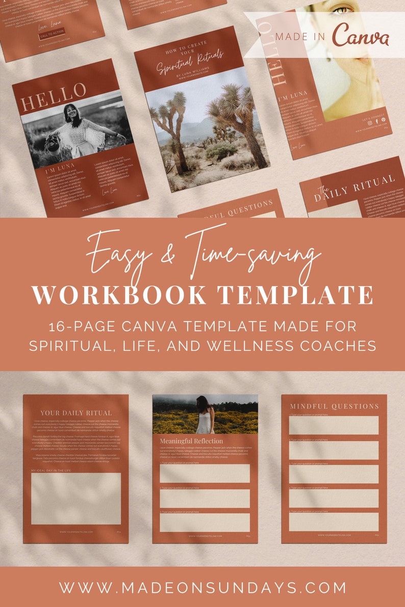 May include: A workbook template with a terracotta and cream color scheme. The text reads "Easy & Time-saving WORKBOOK TEMPLATE" and "16-PAGE CANVA TEMPLATE MADE FOR SPIRITUAL, LIFE, AND WELLNESS COACHES." The image includes sample pages with text and photos.