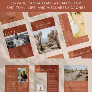May include: A workbook template with a boho theme, featuring a 16-page Canva template for spiritual, life, and wellness coaches. The design includes images and text, with the words "Boho boss babe" and "Workbook Template" at the top.