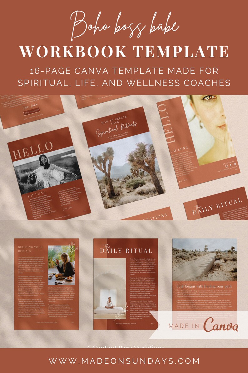 May include: A workbook template with a boho theme, featuring a 16-page Canva template for spiritual, life, and wellness coaches. The design includes images and text, with the words "Boho boss babe" and "Workbook Template" at the top.