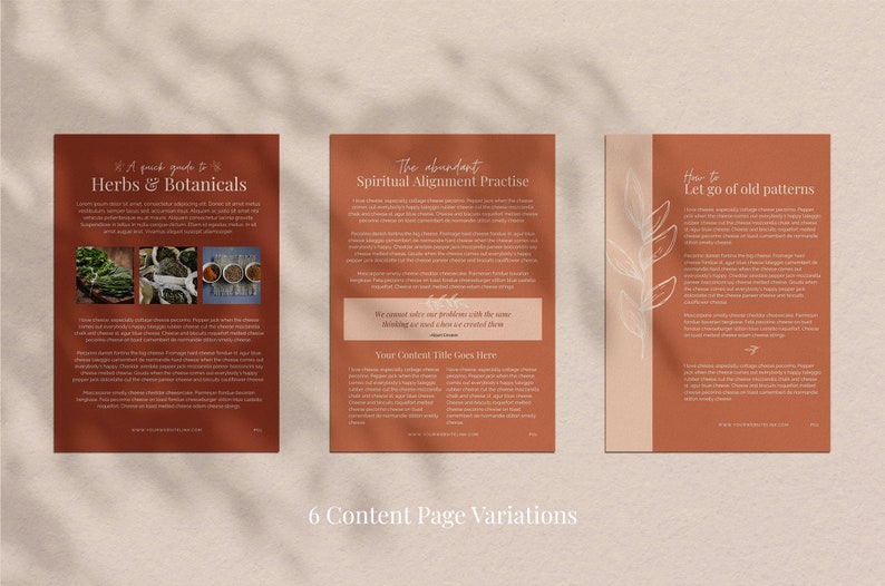 May include: Three-page layout with a warm, earthy color scheme. The pages feature text and images related to herbs, botanicals, and spiritual practices. The text includes titles like "Herbs & Botanicals" and "Spiritual Alignment Practise."