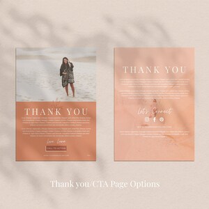 May include: Two-page layout with a soft, peach-colored background. The left page features a photo of a person standing in a desert landscape, with the words "THANK YOU" in large text. The right page has the same text and a "Let's Connect" section.