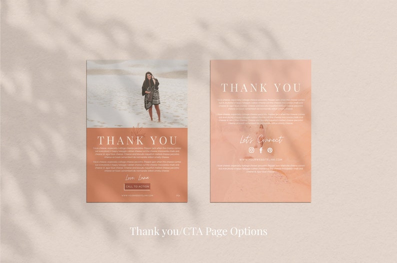 May include: Two-page layout with a soft, peach-colored background. The left page features a photo of a person standing in a desert landscape, with the words "THANK YOU" in large text. The right page has the same text and a "Let's Connect" section.