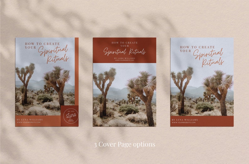 May include: Three book cover options with the title "How to Create Your Spiritual Rituals." The covers feature a desert landscape with Joshua trees and a rust-colored border. The author's name and website are also displayed.
