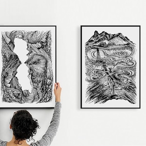 Romania Mountain Set 2 Prints, BUY 2 & SAVE 15%, Transfagarasan Art Prints Romania, Carpathians Drawing Sketches, Mountains View Landscape