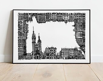 Krakow Poland poster art, Travel print, Travel wall art, Cityscape art, Landmark drawing, Wall art decor, Drawing art,Architecture poster