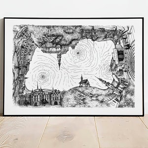 Nitra Eslováquia Imprimir arte de parede, arte de decoração de casa, arquitetura da cidade velha de Nitra, arte de desenho de presente exclusivo, pôster de parede, impressão abstrata desenhada à mão