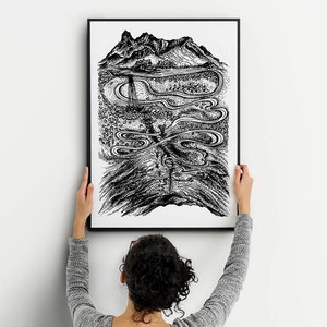 Romania Arte di montagna Paesaggio, Disegno Schizzo Arte astratta, Carpazi Europa Stampa d&#39;arte originale, Astratto Nero Bianco, Regali rumeni
