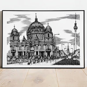 Berlin Cathedral Germany Art Print, Berlin Hand Drawn Black White Architecture, Museum Island Drawing Art, Skyline Cityscape Sketch Wall Art