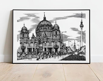 Berlin Cathedral Germany Art Print, Berlin Hand Drawn Black White Architecture, Museum Island Drawing Art, Skyline Cityscape Sketch Wall Art