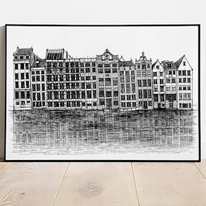 Amsterdam Art Print Sketch, Houses Drawing Holland, The Netherlands B and W Architecture, Amsterdam Canals, Amsterdam Old Town