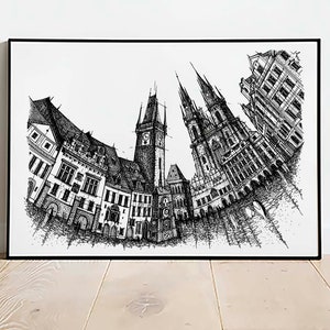 Praga Stampa d'Arte Disegno, Schizzo Arte Vecchia Città Murata Arte, Architettura, Praga Arte Originale, Praga B e W, Repubblica Ceca Architetto