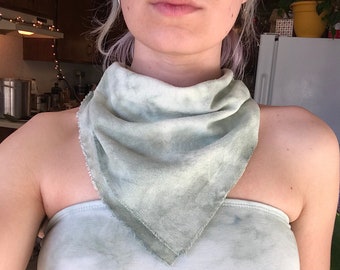 Raw silk tie dye bandana / plant-dyed sage blue green tie dye