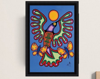 May include: A framed painting of a colorful bird with outstretched wings, flying against a blue sky with a yellow sun. The bird is surrounded by yellow butterflies. The painting is in a black frame.