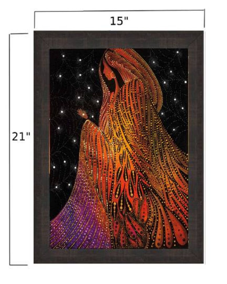 May include: A framed artwork featuring a woman in a colorful, patterned robe. The woman is depicted with a flowing robe with shades of orange, yellow, and purple. The background is a dark blue with white stars.
