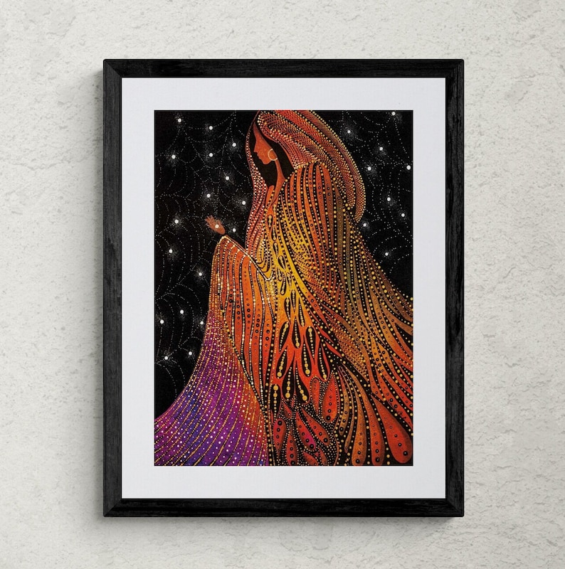 May include: A framed illustration of a woman in a flowing, patterned robe with a dark background. The robe is adorned with intricate details and a variety of colors, including orange, yellow, and purple. The woman is looking to the side, and her hair is covered by a head covering.