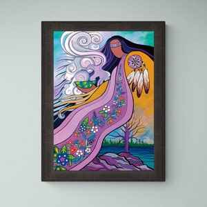 May include: A colourful painting of a woman in a purple and yellow dress with a dreamcatcher. The woman is holding a bowl with a green plant inside. The background is a blue sky with white clouds.