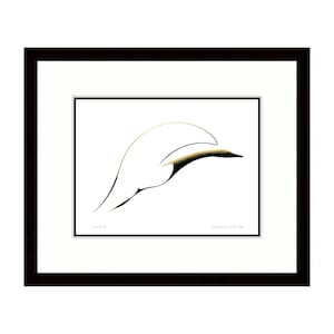May include: Framed art print featuring a minimalist line drawing of a bird in flight. The artwork uses black, gold, and white, with the title "Sea Bird" and the artist's name visible. The frame is dark brown.