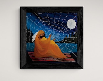 May include: A painting of a woman sitting on a patterned rug, looking up at a large moon in a night sky. A spider web stretches across the sky, with the moon caught in its center. The woman is wearing a yellow robe and a white headdress with a feather.