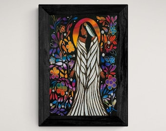 May include: A framed painting of a woman in a white dress with a colorful floral background. The woman is standing with her back to the viewer and her head is turned to the side. The painting is done in a style that is reminiscent of folk art.