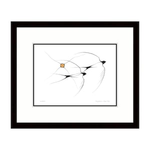 May include: A framed art print featuring a minimalist black ink illustration of three birds in flight against a white background, with a small solid orange circle positioned to the left. The text "Swallows" and "Benjamin Chee Chee" is visible.
