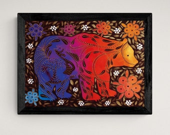 May include: A framed artwork featuring a colorful bear with a rainbow gradient, surrounded by stylized flowers and leaves. The bear is outlined in black and the background is a dark brown.