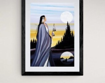 May include: A painting depicting a Native American woman wearing a blue and purple shawl, standing in a forest with a full moon in the sky. The woman is holding a pipe and gazing upwards at the moon.