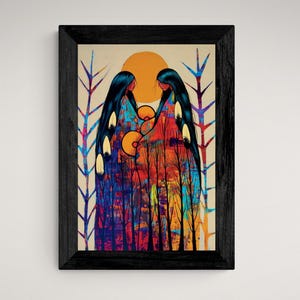 May include: A framed art print depicting two figures with long black hair, decorated with feathers, set against a vibrant sunset. The artwork presents a colourful forest scene with a warm palette of orange, red, and blue, and is enclosed in a black frame.