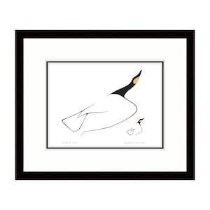 May include: A black and white line art print of two geese, one larger than the other. The larger goose is facing upwards with its head tilted back. The smaller goose is facing the left side of the image. The print is framed in a black frame with a white mat.