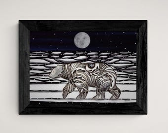 May include: A black and white illustration of a polar bear walking across a snowy landscape under a full moon. The bear is stylized with intricate patterns and details.