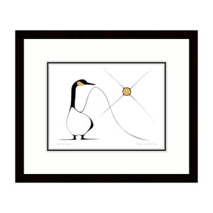 May include: A framed print featuring a minimalist black and white illustration of a goose with a gold-colored head accent. A thin curved line connects the goose to a gold circle with radiating lines. The text Good Morning and Benjamin Chee Chee appear.