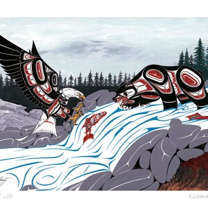 May include: A stylized illustration of a black bear and a white-headed eagle in a stylized forest setting. The bear and eagle are both facing a red salmon in a blue and white river. The image is titled "Cycle of Life" and signed by Richard Shorty.