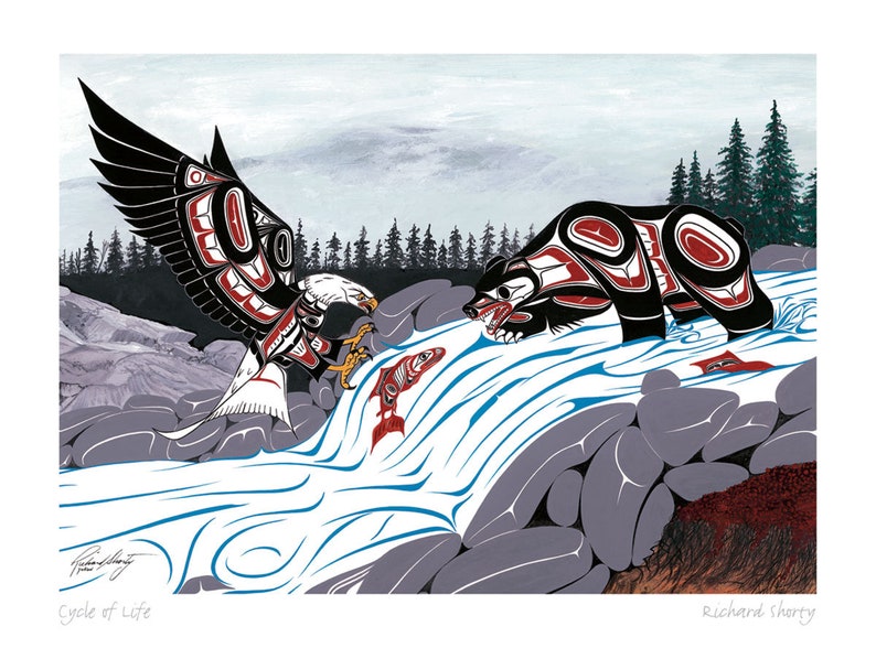 May include: A stylized illustration of a black bear and a white-headed eagle in a stylized forest setting. The bear and eagle are both facing a red salmon in a blue and white river. The image is titled "Cycle of Life" and signed by Richard Shorty.