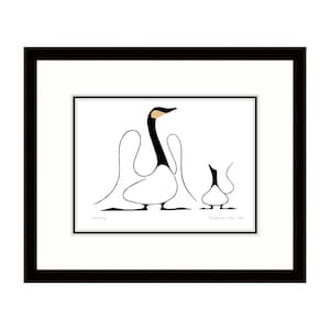 May include: Black and white line art print of two geese, one larger than the other, with a yellow beak. The print is framed in black and white. The artist's name, "Leatrice", is written in the bottom left corner, and the title, "Boyanum Chet Chet", is written in the bottom right corner.