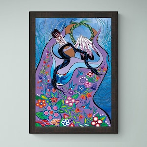 May include: A colourful abstract painting of a woman wearing a purple and blue dress, surrounded by flowers and birds. The woman is holding a wreath of leaves above her head.