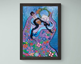 May include: A colorful abstract painting of a woman with a purple and blue dress, surrounded by flowers and birds. The woman is holding a wreath of leaves above her head.