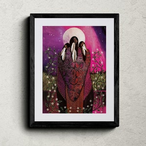 May include: Framed art print featuring three figures in ornate, patterned garments, adorned with feathers. The artwork is set against a backdrop of a full moon and a vibrant, star-filled sky, with floral accents framing the figures.