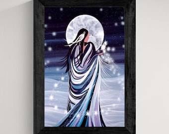 May include: A framed wall art print depicting a figure with long dark hair wearing a flowing, multi-coloured garment in shades of blue, purple, and white. The figure stands before a large, bright full moon against a dark, starry night sky.