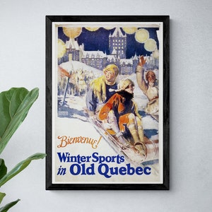 Bienvenue! Winter Sports in Old Quebec (Canadian Pacific), Vintage, Travel print