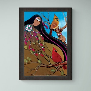 May include: A framed painting depicting a Native American woman with long black hair, wearing traditional clothing and jewellery. She is surrounded by branches with red and green leaves and two red cardinals. The background is a blue sky.
