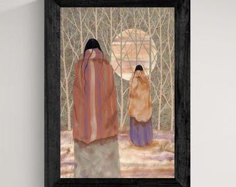 May include: A framed wall art print depicting two figures viewed from behind, draped in tan and orange blankets, standing in a forest of thin, bare trees before a large, pale circular moon. The artwork is enclosed in a black rectangular frame.