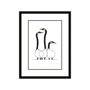May include: A framed art print featuring a minimalist line drawing of three geese with black necks and heads, tan beaks, and white bodies. The print includes the text "Friends" on the bottom left and "Benjamin Chee Chee" on the bottom right.