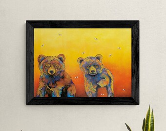 May include: Two brown bear cubs with colorful fur stand on a yellow and orange background with white dots. The cubs are looking at the viewer.