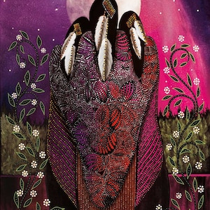May include: An artistic painting depicts three figures cloaked in patterned, dark red and purple garments, adorned with white feathers. The background features a large, glowing moon, a starry sky, and floral vines with white blossoms. The artwork evokes a sense of spirituality.