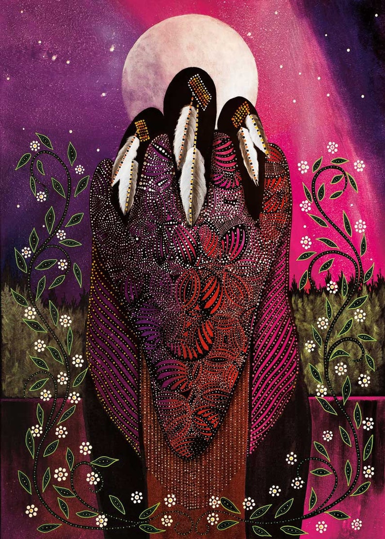 May include: An artistic painting depicts three figures cloaked in patterned, dark red and purple garments, adorned with white feathers. The background features a large, glowing moon, a starry sky, and floral vines with white blossoms. The artwork evokes a sense of spirituality.
