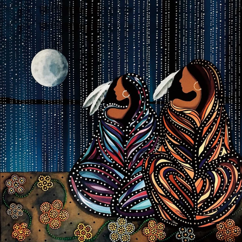 Puede incluir: Dos figuras, envueltas en mantas de colores con patrones, se sientan una al lado de la otra sobre un fondo azul oscuro con puntos blancos. Una gran luna blanca brilla en la esquina superior izquierda. Las figuras est&aacute;n silueteados contra la luna y el fondo.